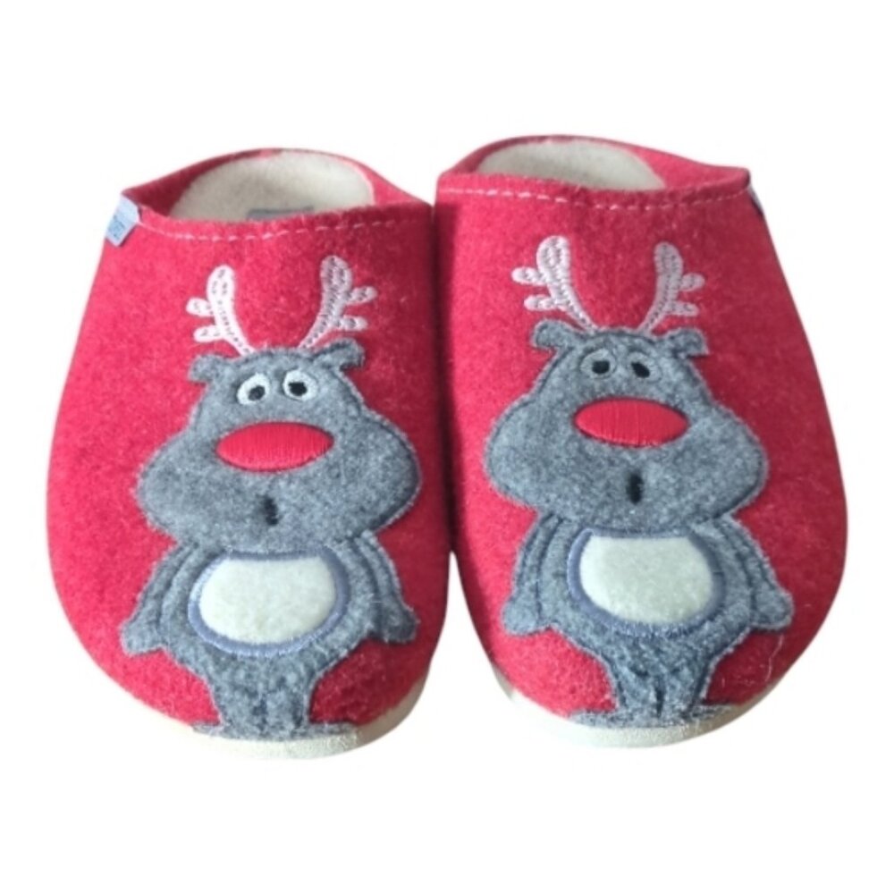 Toffee Wool Felted Slippers Red With Reindeers Size 36